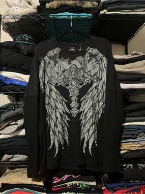 Y2k Men's Black Long-Sleeve Graphic Cross & Wings Shirt with thermal sleeve
